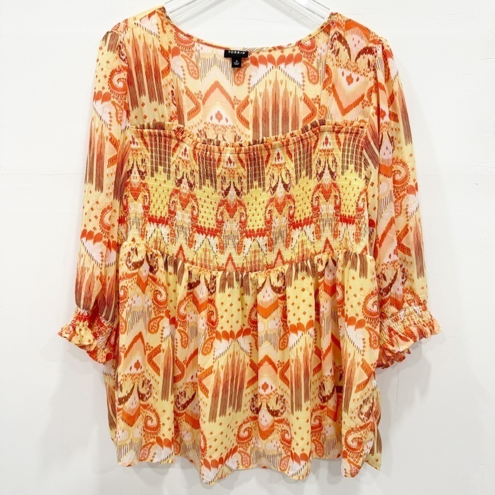 Torrid Yellow Ikat Chiffon Smocked Babydoll Top Size 3